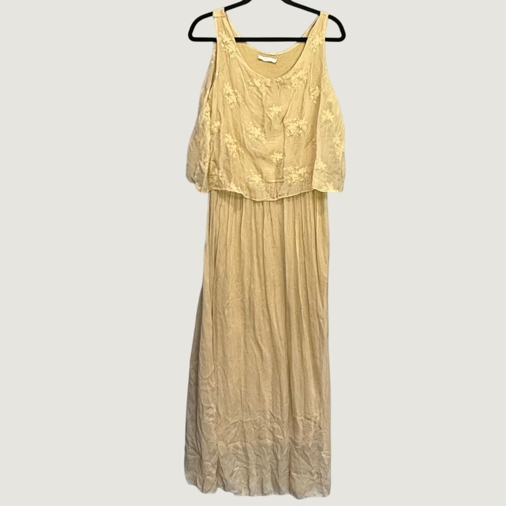 Baci Mustard Yellow Floral Embroidered Silk Overlay Maxi Dress Womens Medium